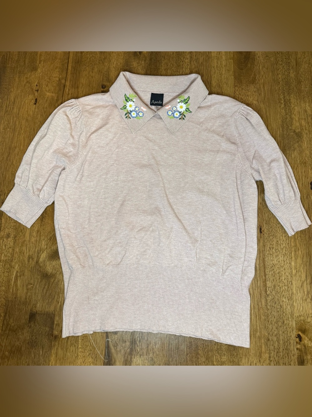 Embroidered Floral Collar Knit Top - Neutral Pink XL